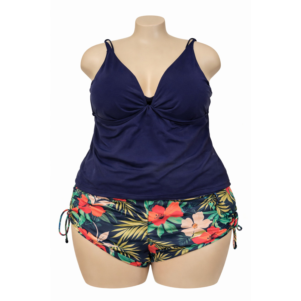 Lane Bryant Cacique Tankini Swimsuit 2pc Set 40DDD/20 Navy Tropical Floral Short